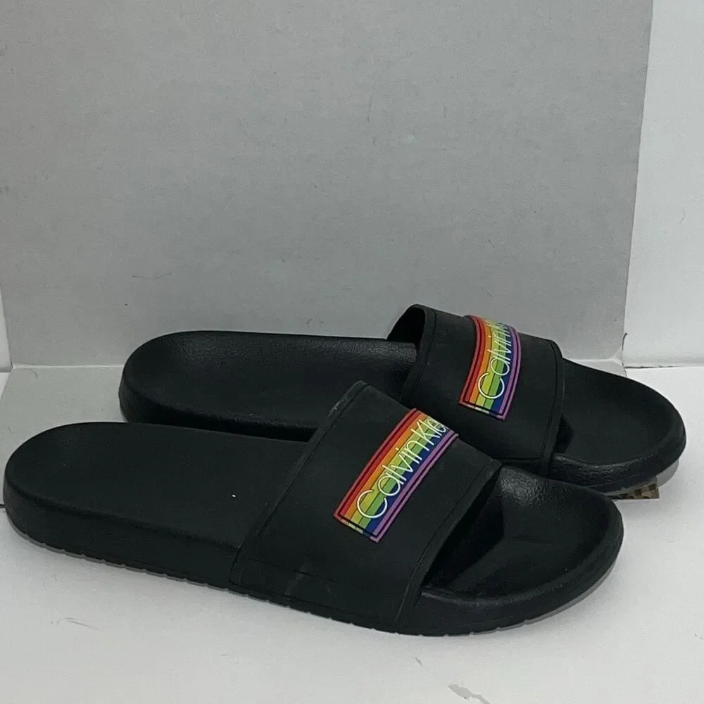 Calvin Klein Men's Pride Rainbow Logo Slip-On Slide Sandals Black Size 11‎